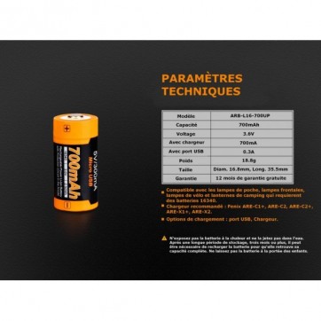 Batterie FENIX rechargeable CR123 700mAh Lampes Tactiques FENIX9,00 €